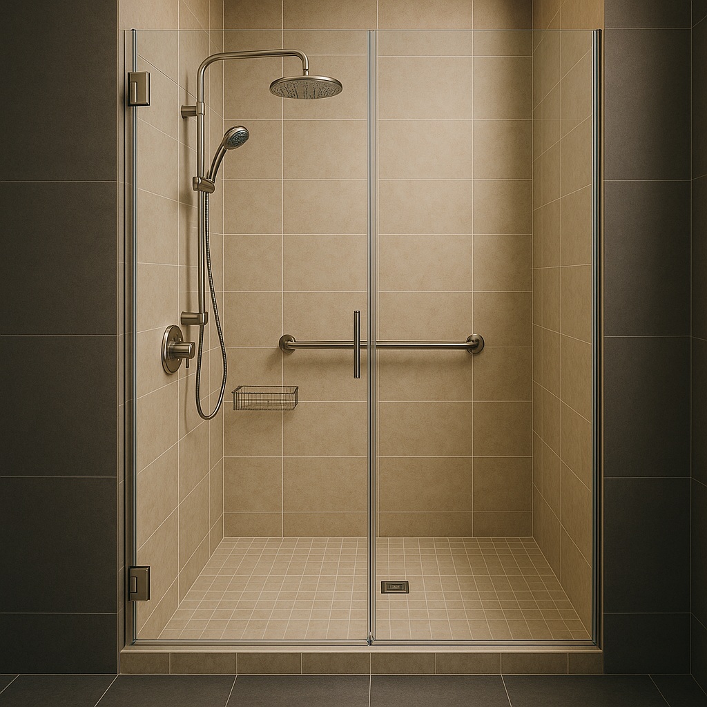 Shower wall with integrated fixtures and clean modern tile backdrop